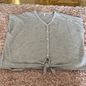 Brown ribbed tie front button shirt